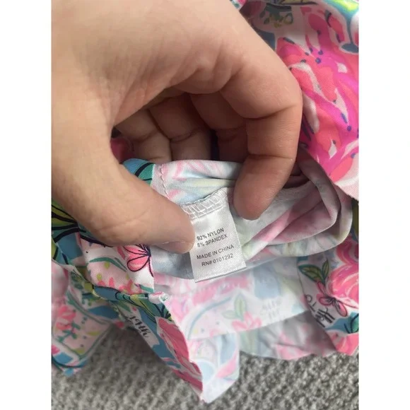 Lulu B Sleeveless Ruffle Trim Shift Dress Tropical Golf Hibiscus UPF50 Large NWT - Picture 4 of 10